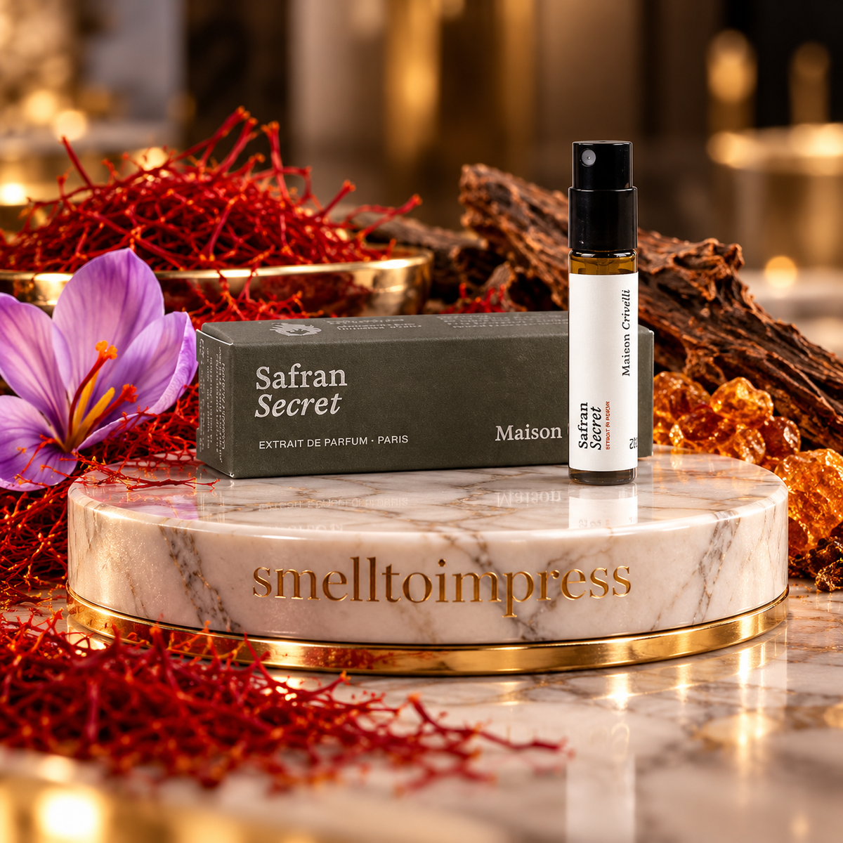 zdjęcie oficjalnej próbki perfum Maison Crivelli Safran Secret 1,5 ml