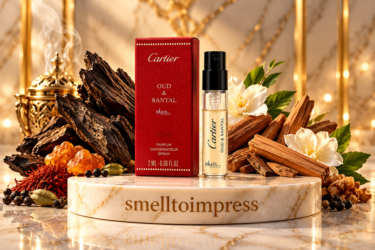 zdjęcie oficjalnej próbki perfum Cartier Les Heures Voyageuses Oud and Santal 1,5 ml 0,05 fl. oz.