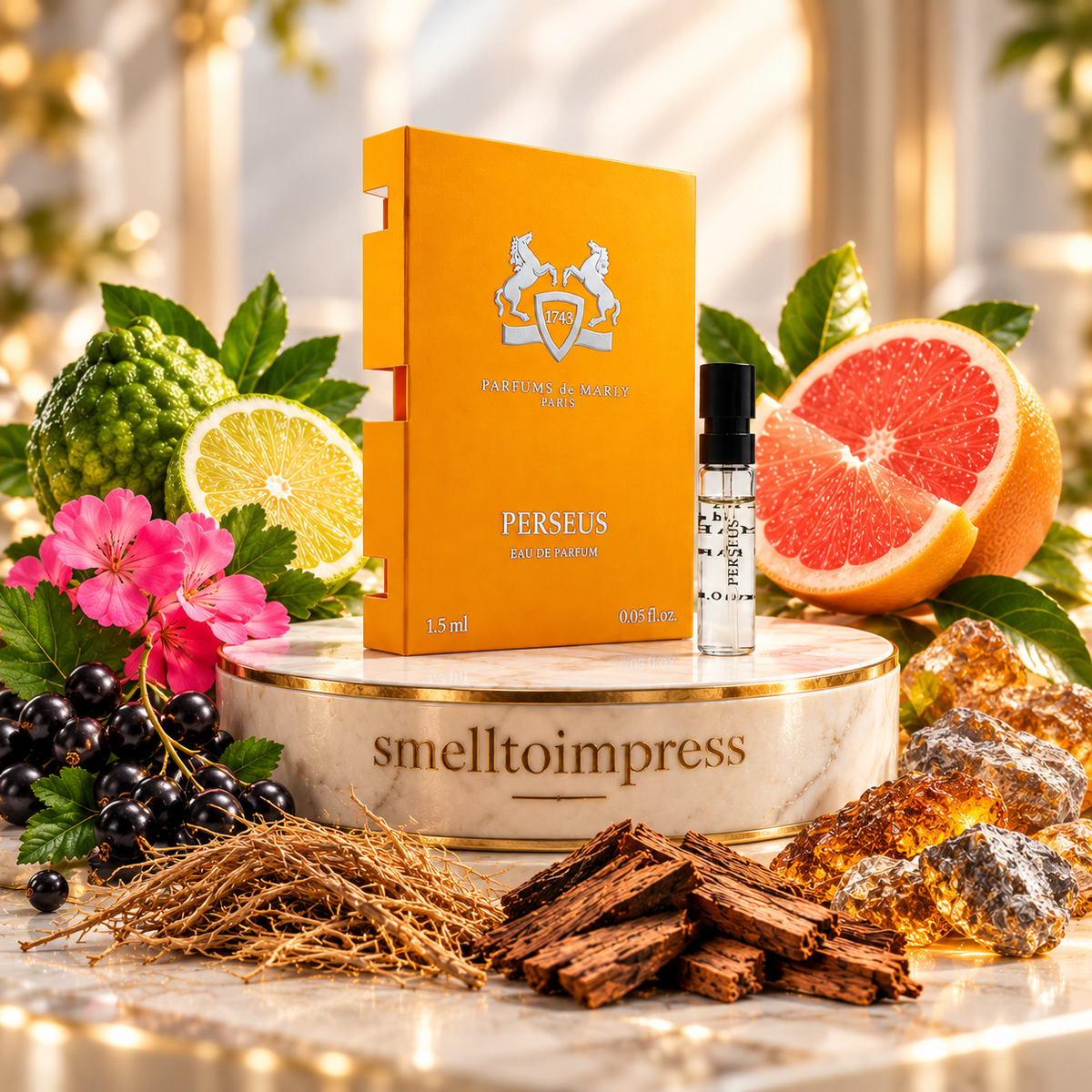 zdjęcie oficjalnej próbki perfum Parfums de Marly Perseus 1,5 ml od Smelltoimpress