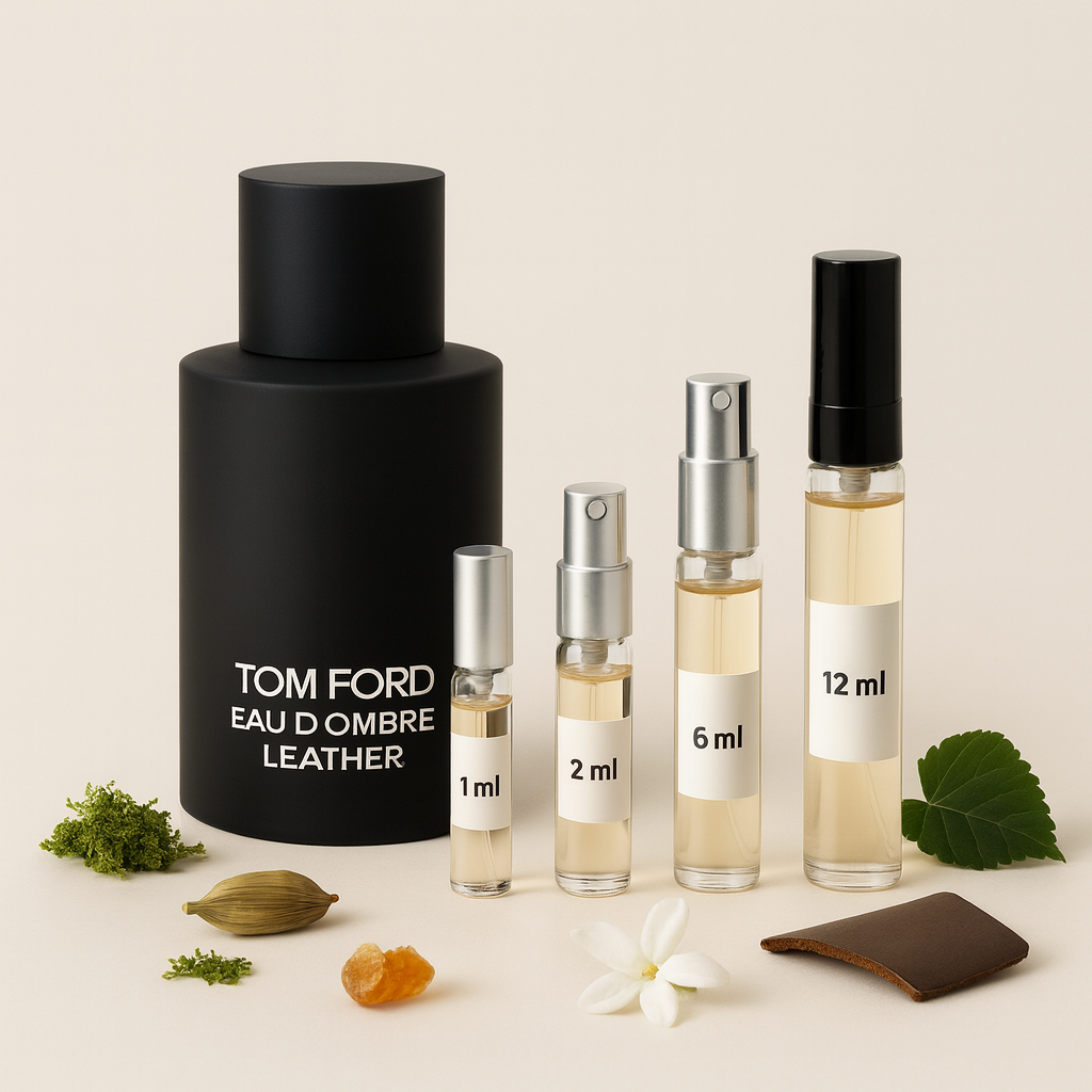 Flakon Tom Ford Eau d’Ombre Leather z fiolkami próbek 1 ml, 2 ml, 6 ml i 12 ml na jasnym tle, z akcentami kardamonu, jaśminu, ambry, mchu i skóry