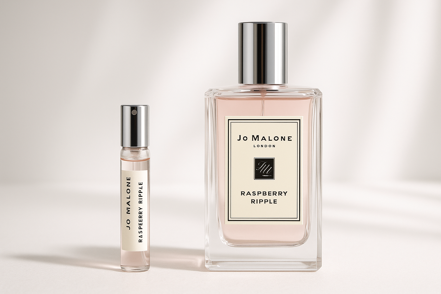 Próbka perfum Jo Malone Raspberry Ripple 2 ml obok butelki perfum Jo Malone Raspberry Ripple 100 ml