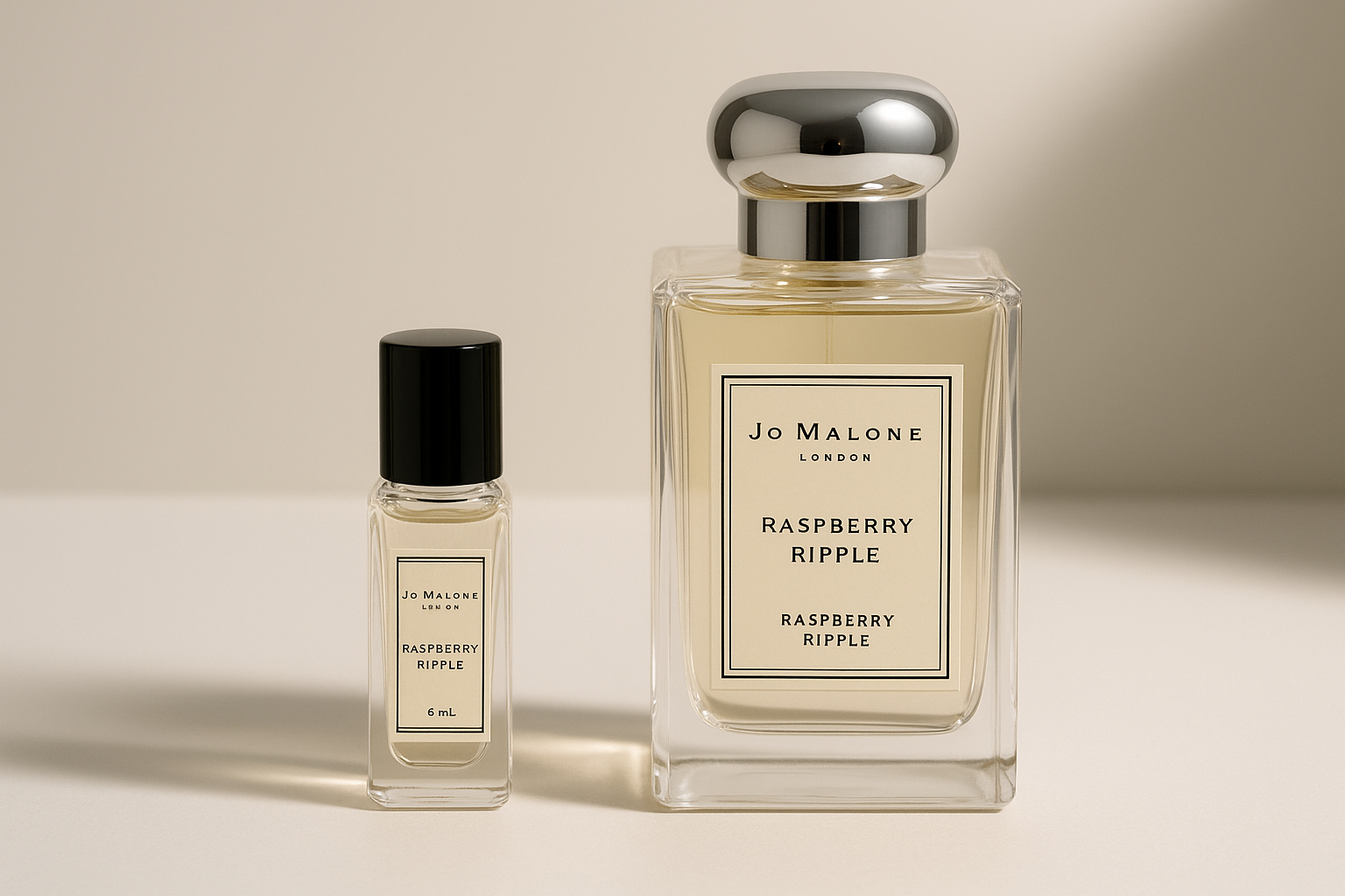 Próbka perfum Jo Malone Raspberry Ripple 6 ml obok butelki 100 ml Jo Malone Raspberry Ripple