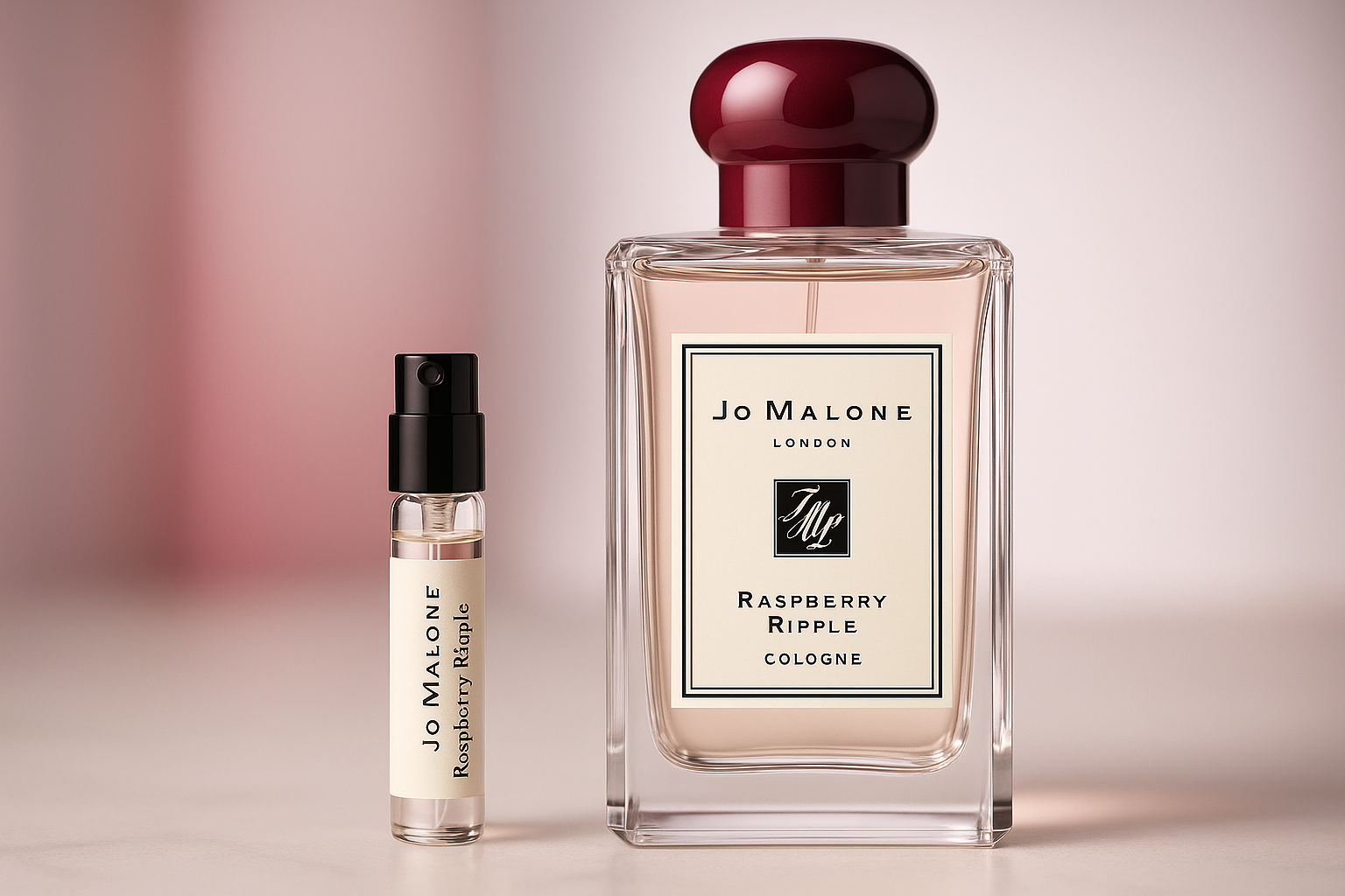 Próbki perfum Jo Malone Raspberry Ripple Cologne, próbka perfum 1 ml stojąca obok butelki perfum Jo Malone Raspberry Ripple Cologne o pojemności 100 ml
