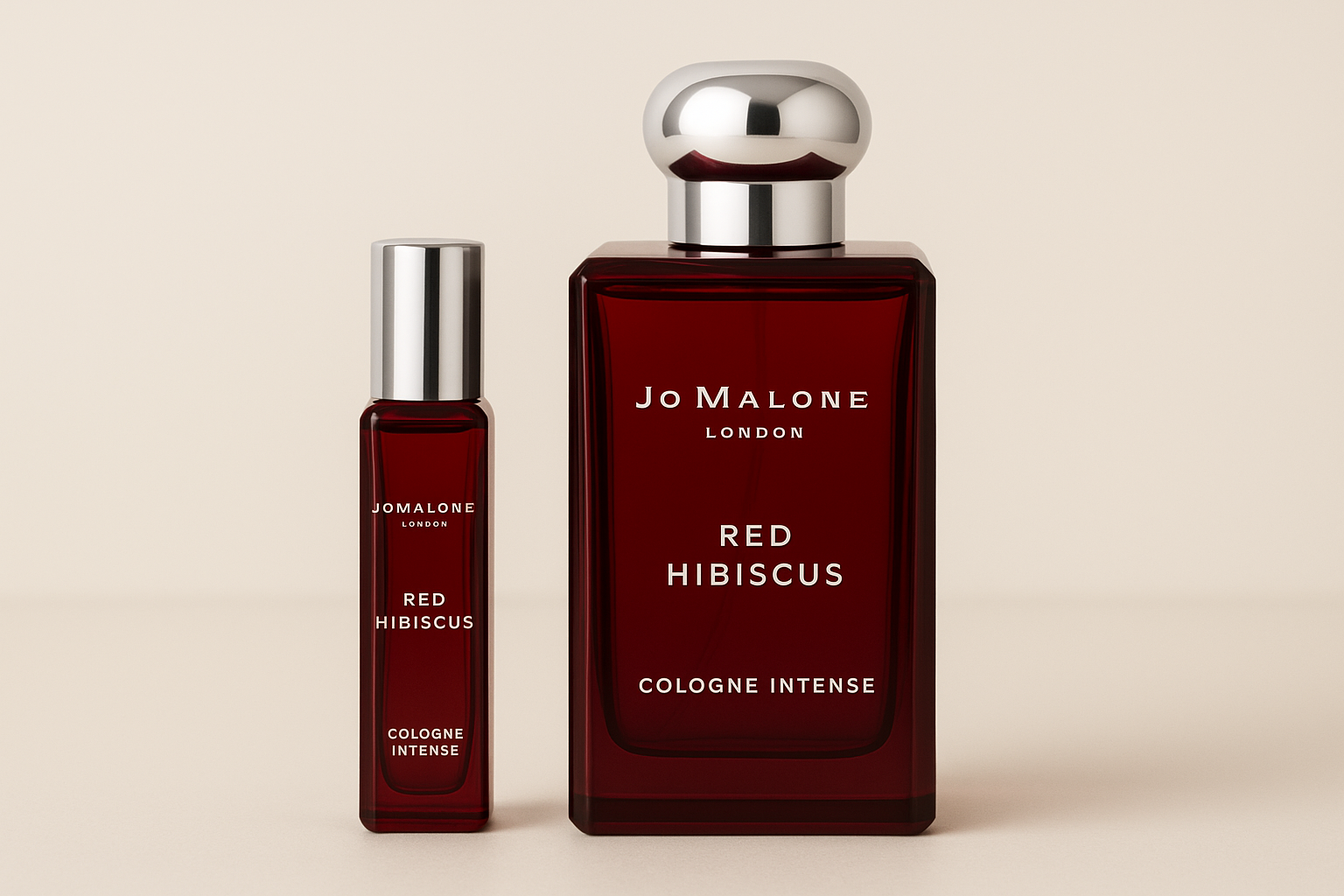 Próbka wody kolońskiej Jo Malone Red Hibiscus Intense 12 ml stojąca obok 100-mililitrowej butelki perfum Jo Malone Red Hibiscus Intense z białym napisem na ciemnoczerwonej butelce