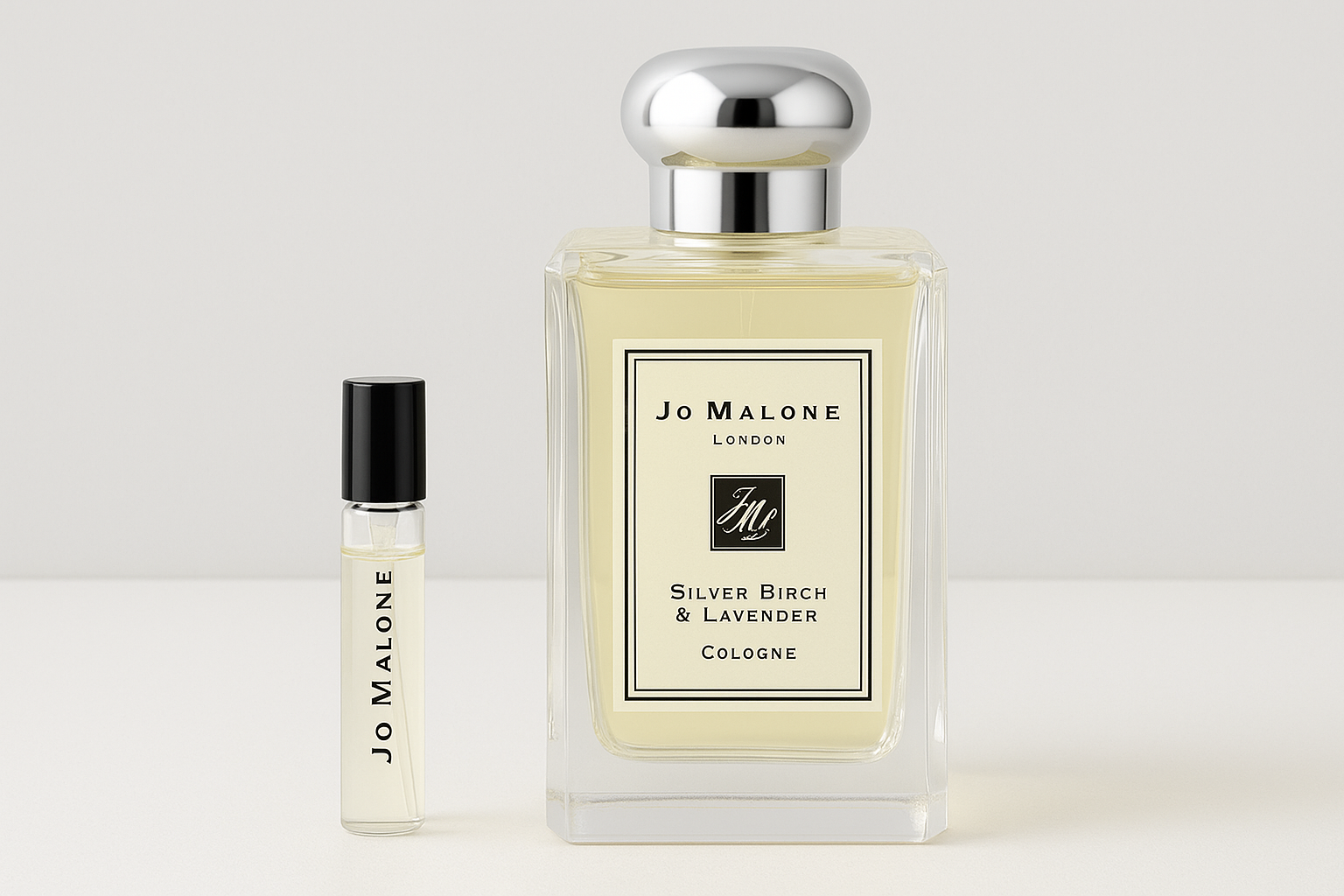 Próbki perfum Jo Malone Silver Birch & Lavender Cologne, próbka zapachu o pojemności 6 ml stojąca obok pełnowymiarowego flakonu perfum Jo Malone Silver Birch & Lavender Cologne o pojemności 100 ml