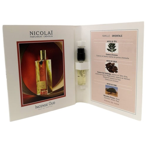 oficjalne próbki perfum Nicolai Incense Oud o pojemności 1,8 ml i pojemności 0,07 uncji.