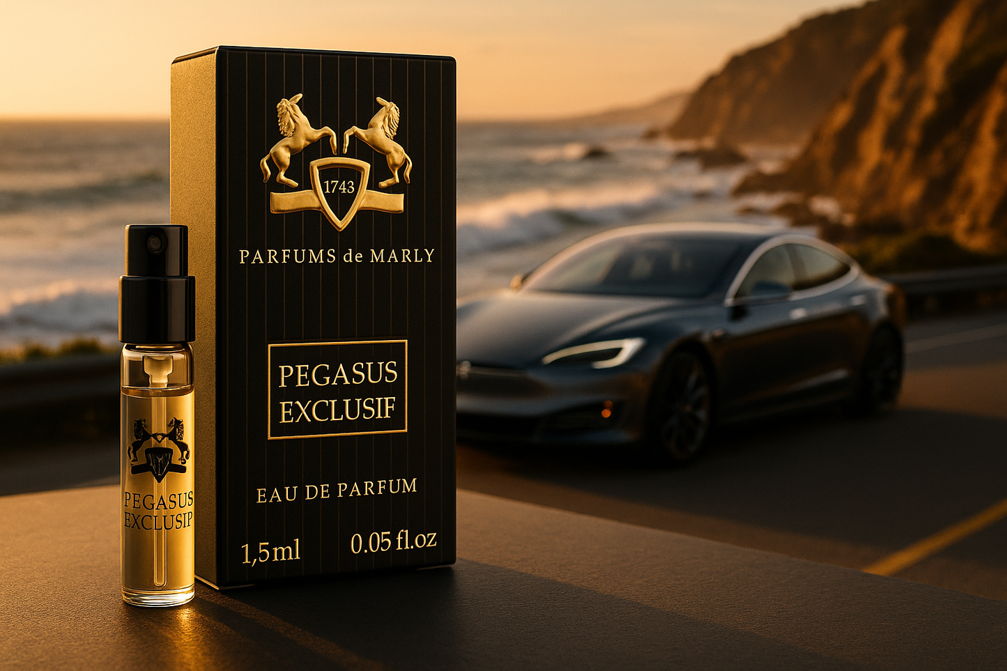 Parfums De Marly Pegasus Exclusif oficjalna próbka perfum 1,5 ml 0,05 uncji płynu tester perfum, w tle luksusowy samochód elektryczny na wybrzeżu