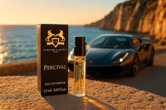 Parfums De Marly Percival official scent sample 1.5ml 0.05 fl. o.z. perfume tester, luxury car behind it at sea coast
