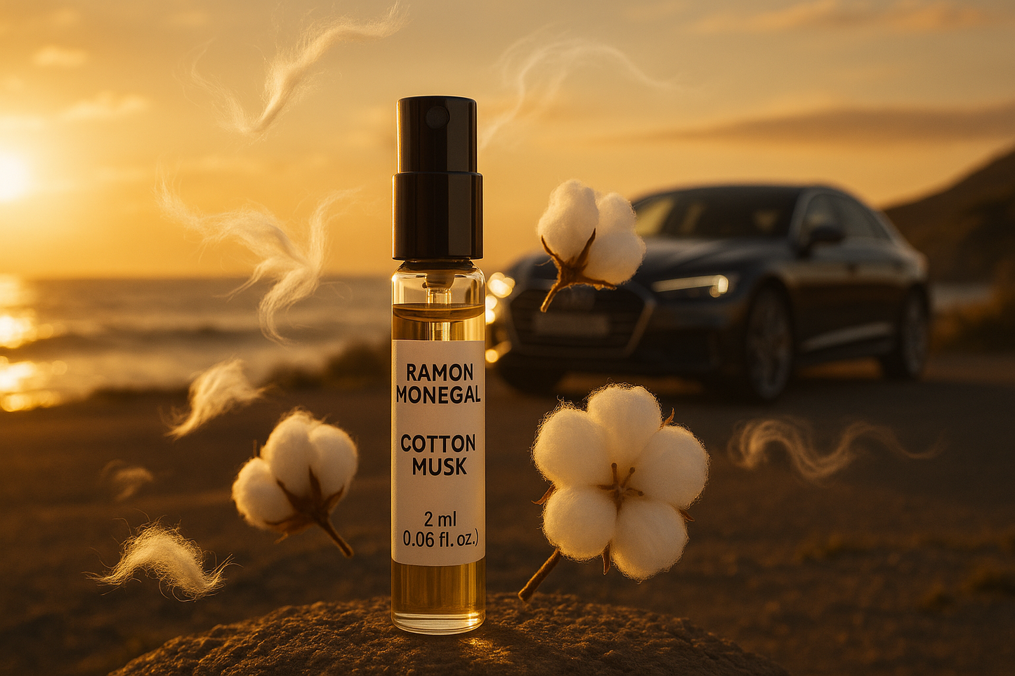 Ramon Monegal Cotton Musk oficjalna próbka perfum 2 ml 0,06 uncji płynu tester perfum, luksusowy samochód w tle w pobliżu wybrzeża morskiego o zachodzie słońca, próbka otoczona nutami zapachu Cotton Musk