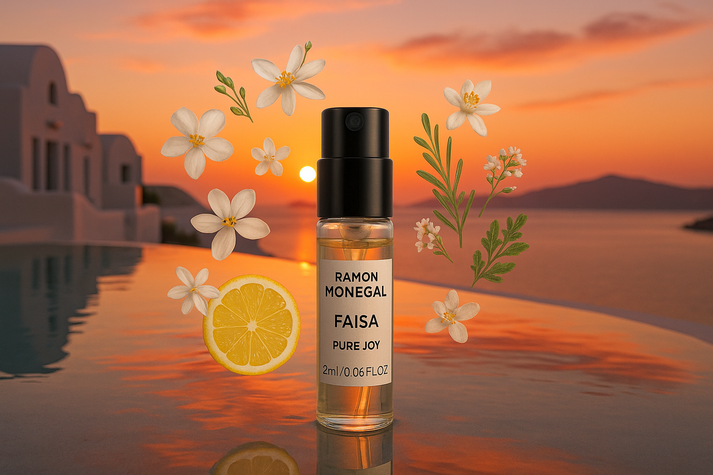 Ramon Monegal Faisa Pure Joy oficjalna próbka perfum 2 ml 0,06 uncji płynu tester perfum, w tle zachód słońca w basenie na Santorini, próbka otoczona nutami zapachowymi Faisa Pure Joy