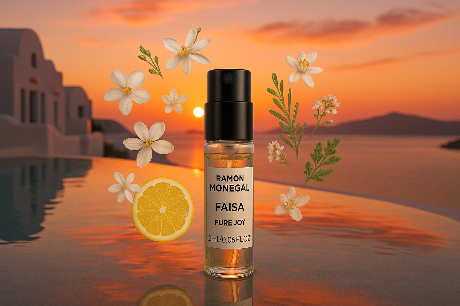 Ramon Monegal Faisa Pure Joy oficjalna próbka perfum 2 ml 0,06 uncji płynu tester perfum, w tle zachód słońca w basenie na Santorini, próbka otoczona nutami zapachowymi Faisa Pure Joy