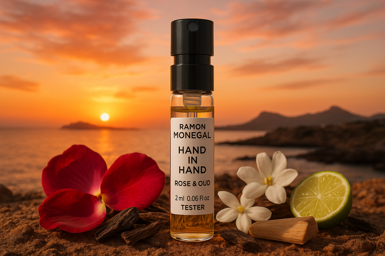 Oficjalna próbka perfum Ramon Monegal Hand in Hand Rose & Oud 2 ml 0,06 uncji płynu, w tle zachód słońca na Isla Plana w Hiszpanii, próbka otoczona nutami zapachowymi Hand in Hand Rose & Oud